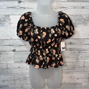 SO Black Floral Peasant Top Cinch Waist Ruffle Puff Sleeves Size S